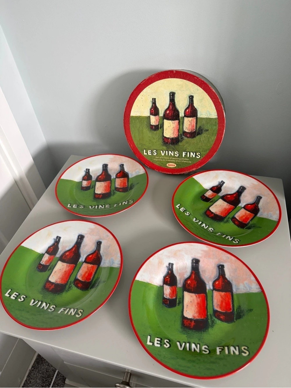 Vintage Danica "Les Vins Fins" Set of 4 Cocktail Hors d’Oeuvres Plates with Orig